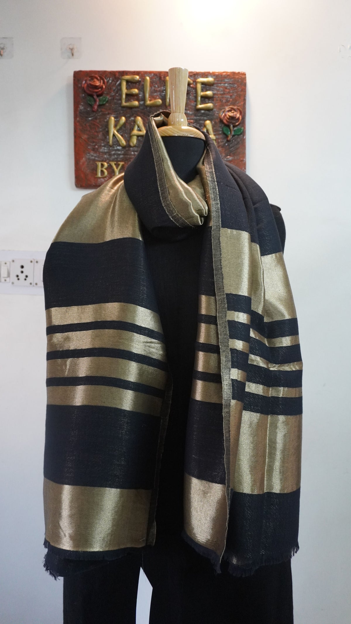 Black fine wool reversible stole with zari and striped detailing near the ends