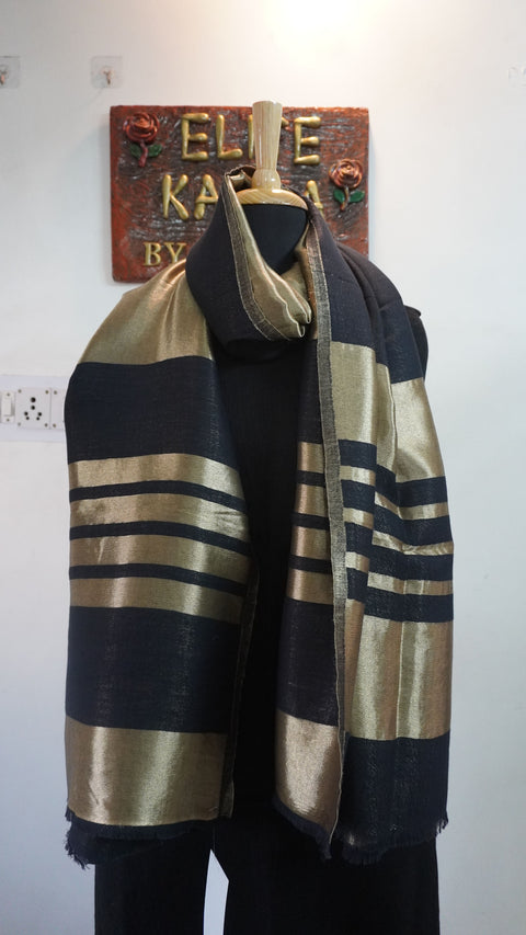 Black fine wool reversible stole with zari and striped detailing near the ends