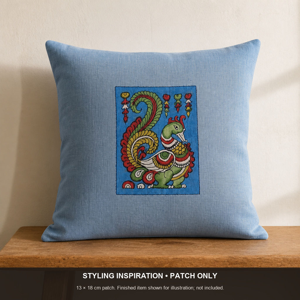 Blue Kalamkari Bangalore Silk fabric piece with figurative pattern and border