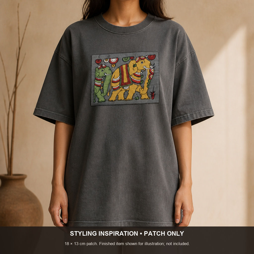 Grey Kalamkari fabric patch with a figurative design