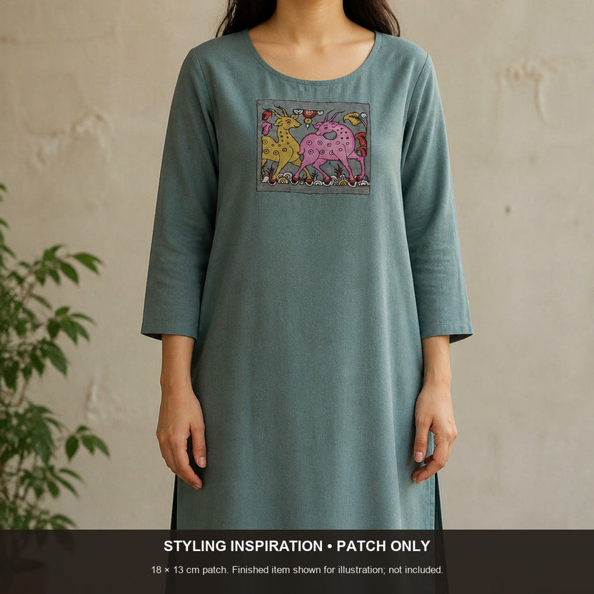 Multicolor Kalamkari Bangalore Silk fabric piece with placement pattern and border detail