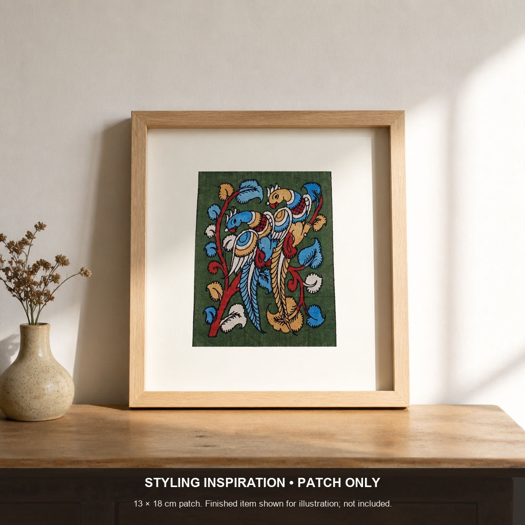 Green Kalamkari Bangalore Silk fabric piece with figurative design and border