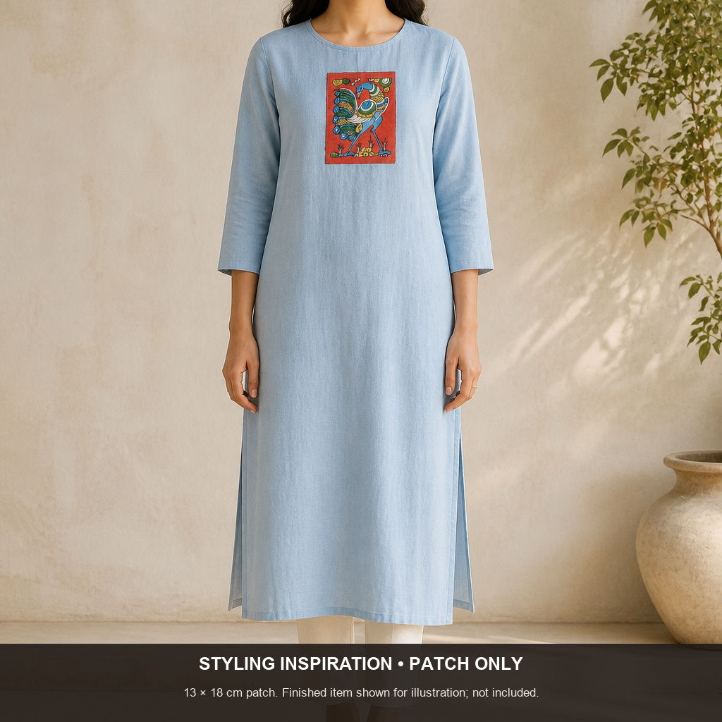 Red Kalamkari Bangalore Silk fabric piece with a figurative pattern and border detail