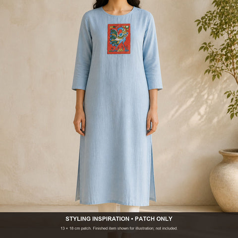 Red Kalamkari Bangalore Silk fabric piece with a figurative pattern and border detail