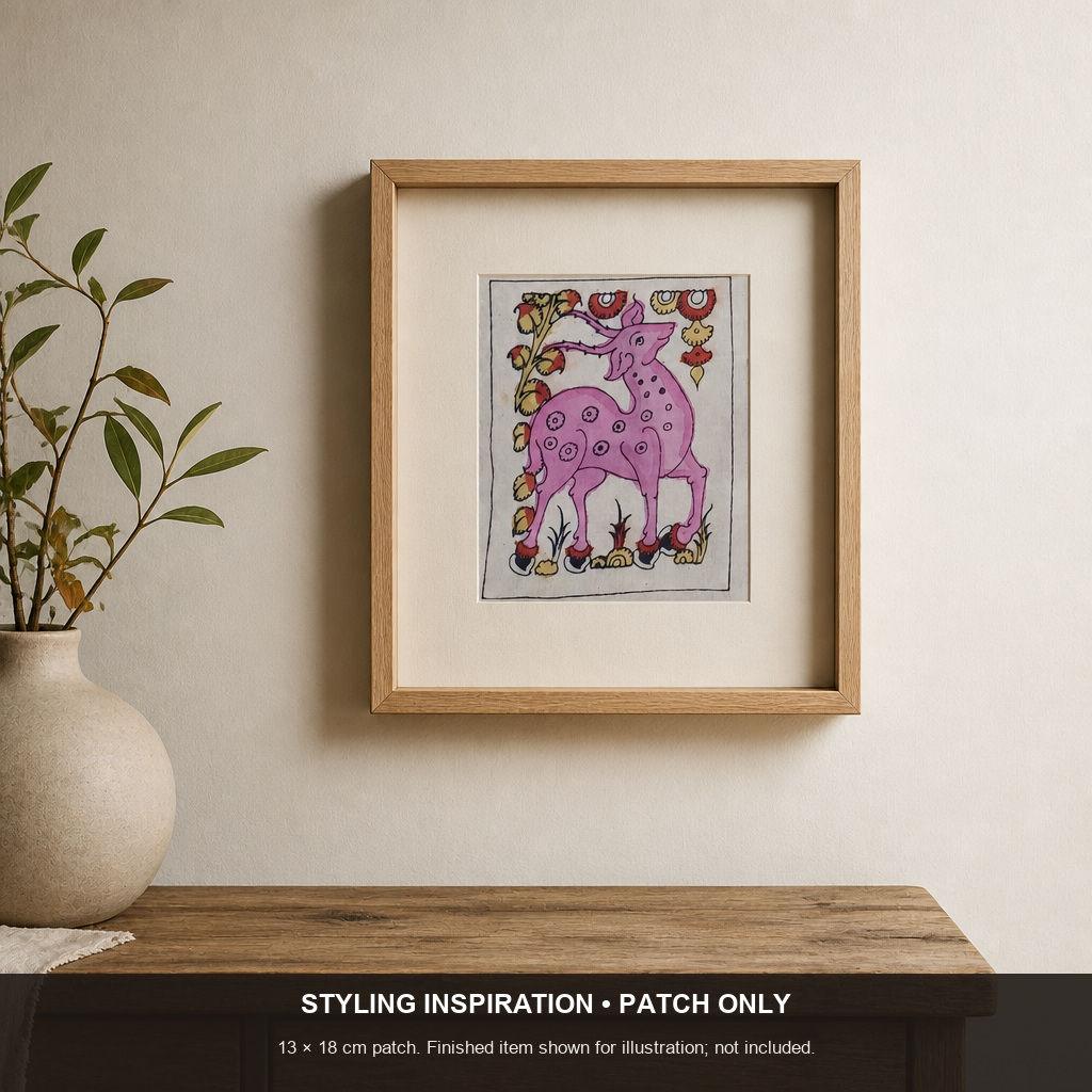 Pink Kalamkari Bangalore Silk fabric piece with figurative pattern and border detail