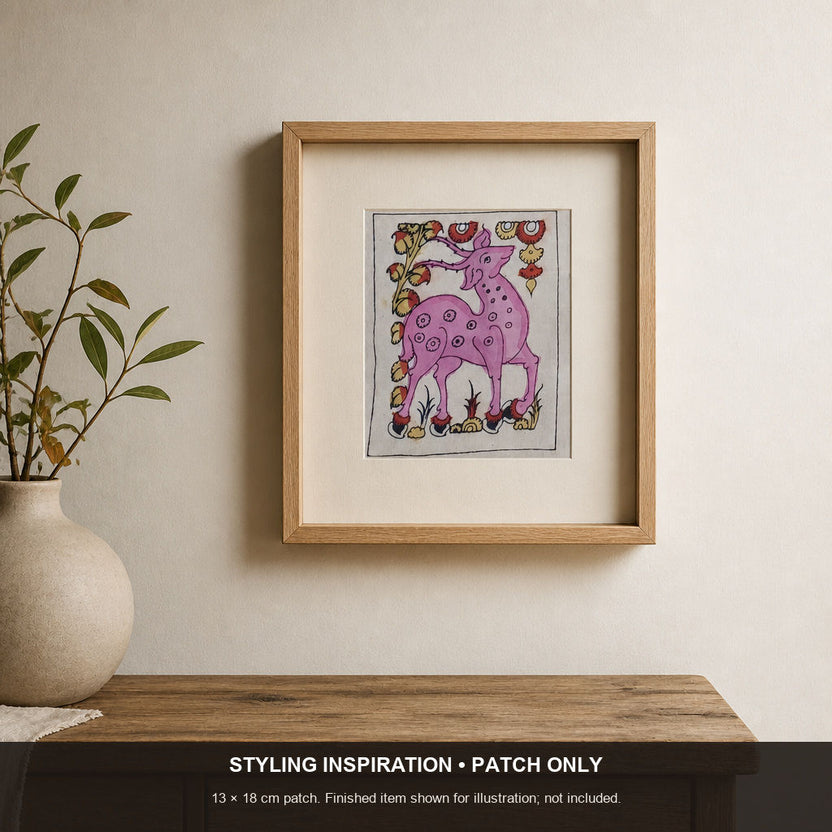 Pink Kalamkari Bangalore Silk fabric piece with figurative pattern and border detail