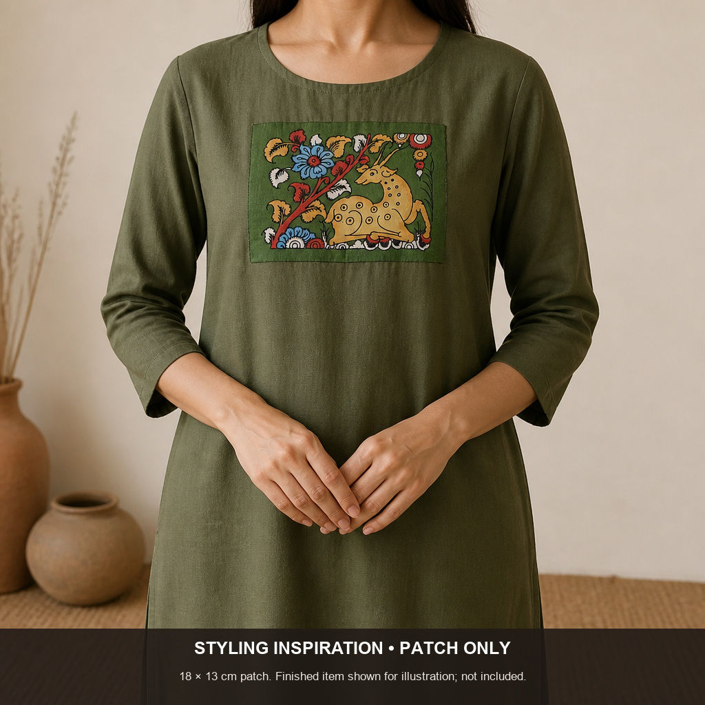 Green Kalamkari Bangalore Silk Cloth fabric piece with placement pattern and border
