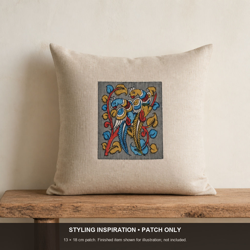 Grey Kalamkari Bangalore Silk fabric piece with placement pattern and border