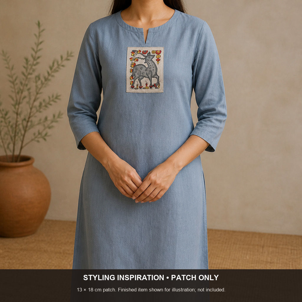 Grey Kalamkari Bangalore Silk fabric piece with placement pattern and border detail
