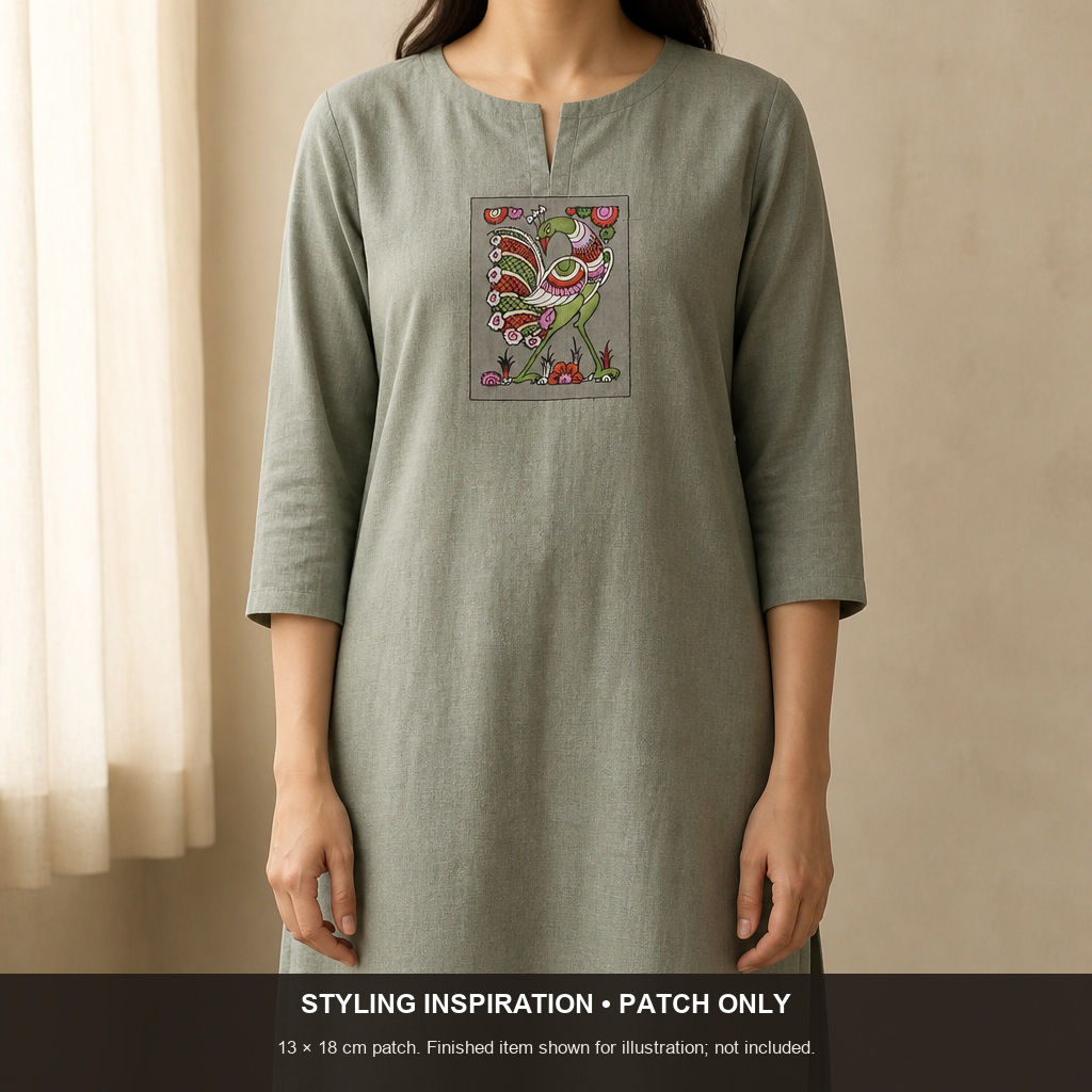 Grey Kalamkari Bangalore Silk fabric piece with a placement pattern and border detail