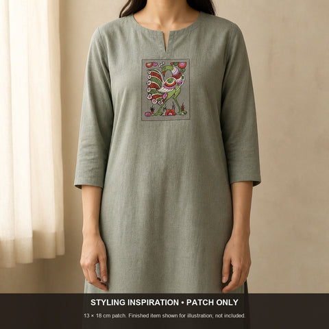 Grey Kalamkari Bangalore Silk fabric piece with a placement pattern and border detail