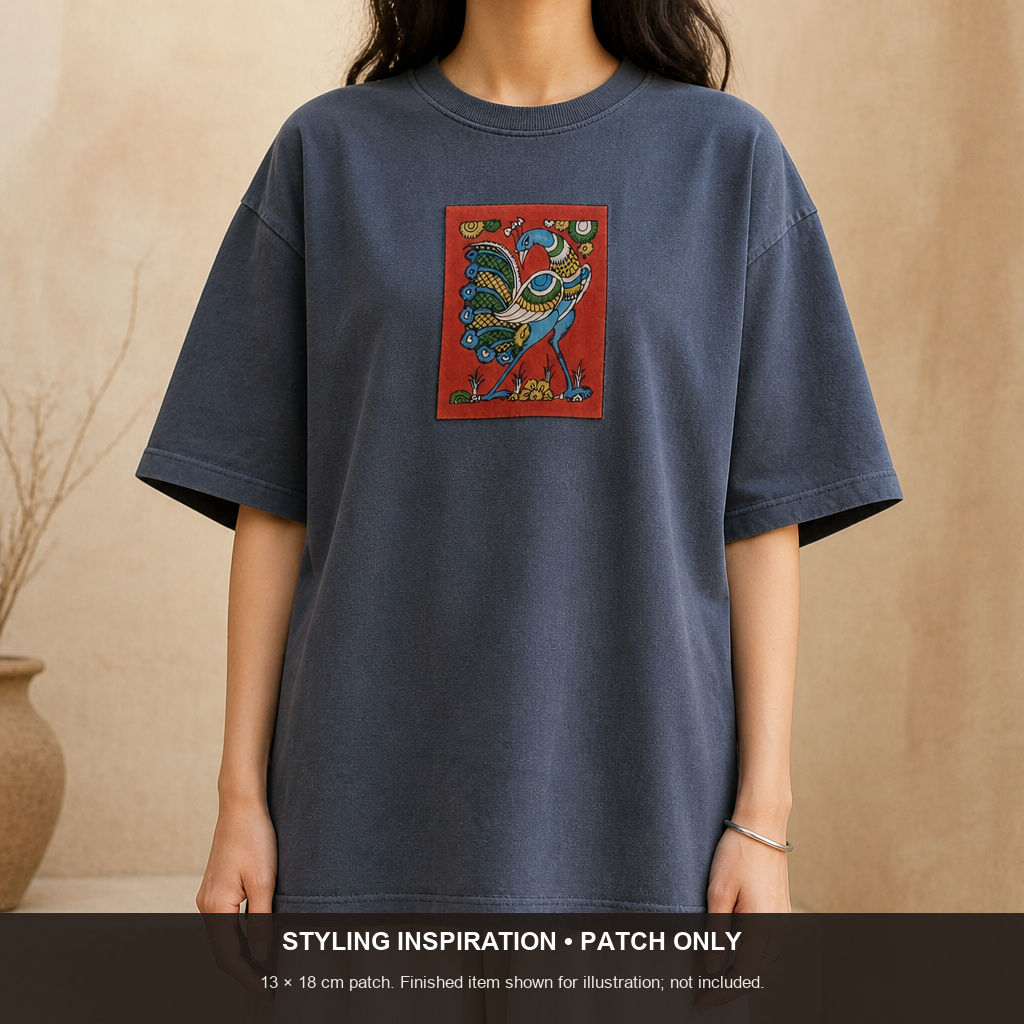 Red Kalamkari Bangalore Silk fabric piece with figurative design and border detail