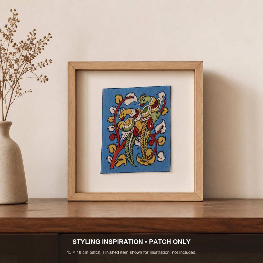 Blue Kalamkari Bangalore Silk fabric piece with figurative pattern and border