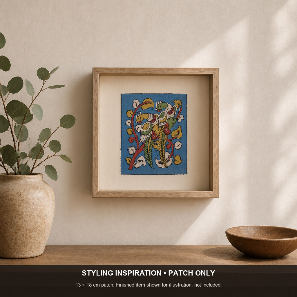 Blue Kalamkari Bangalore Silk cloth patch with placement pattern and border