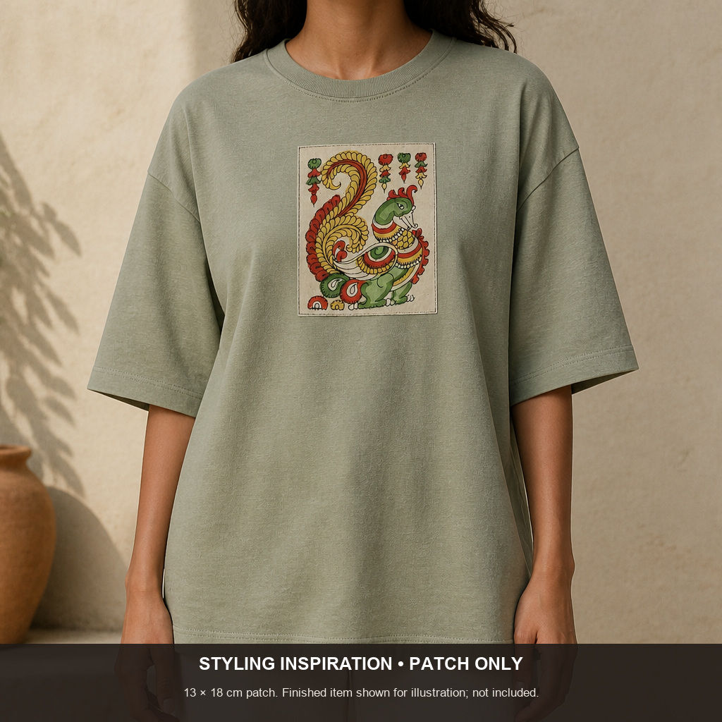 Multicolor Kalamkari figurative fabric piece with a border