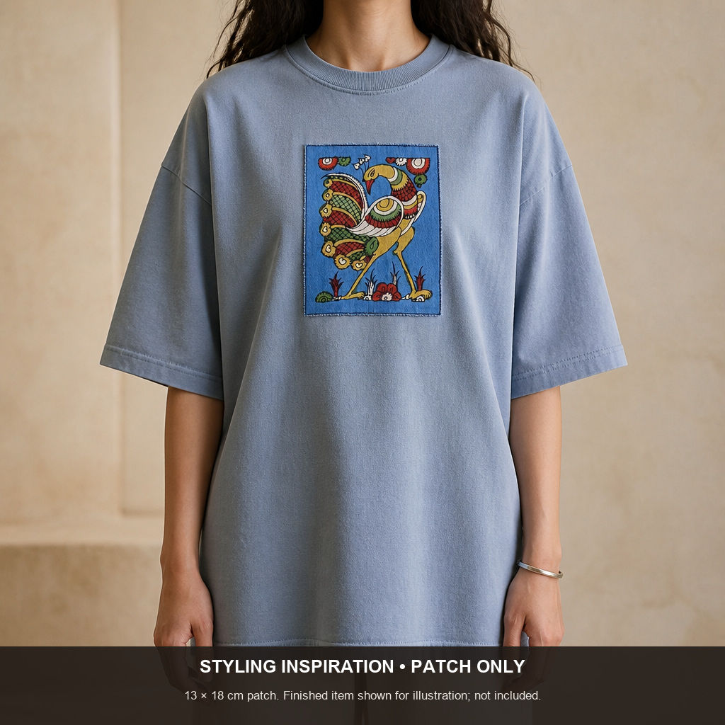 Blue Kalamkari Bangalore Silk patch pen 9011 with figurative pattern and border detail