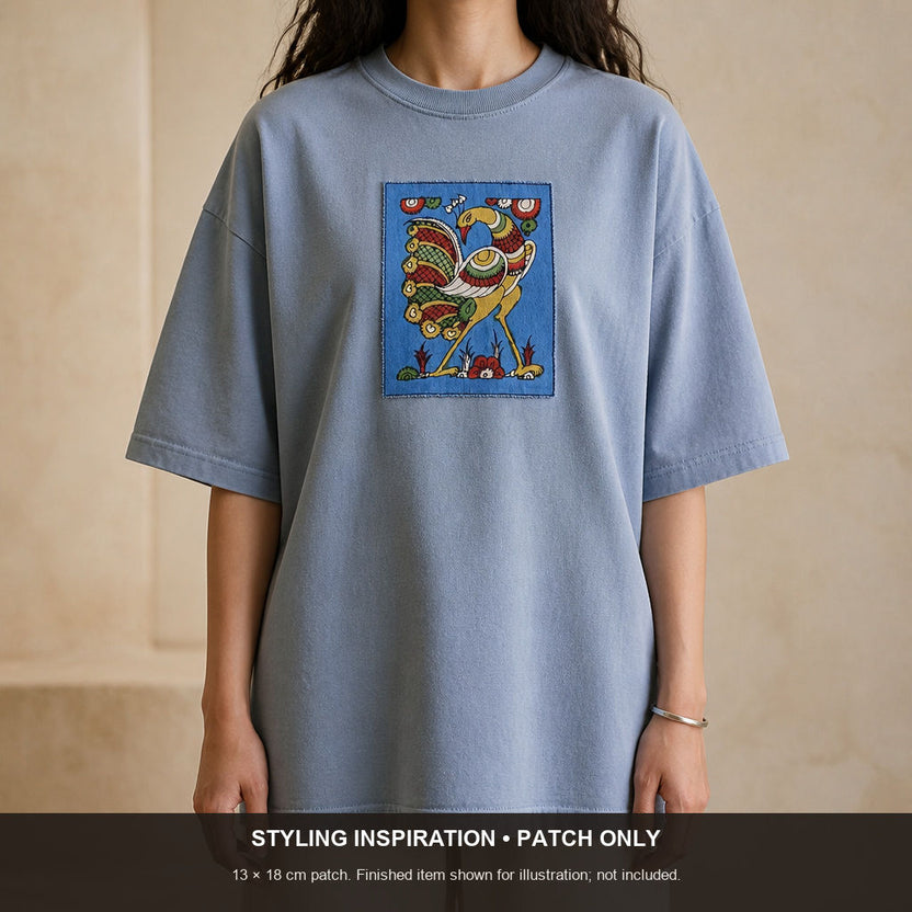 Blue Kalamkari Bangalore Silk patch pen 9011 with figurative pattern and border detail