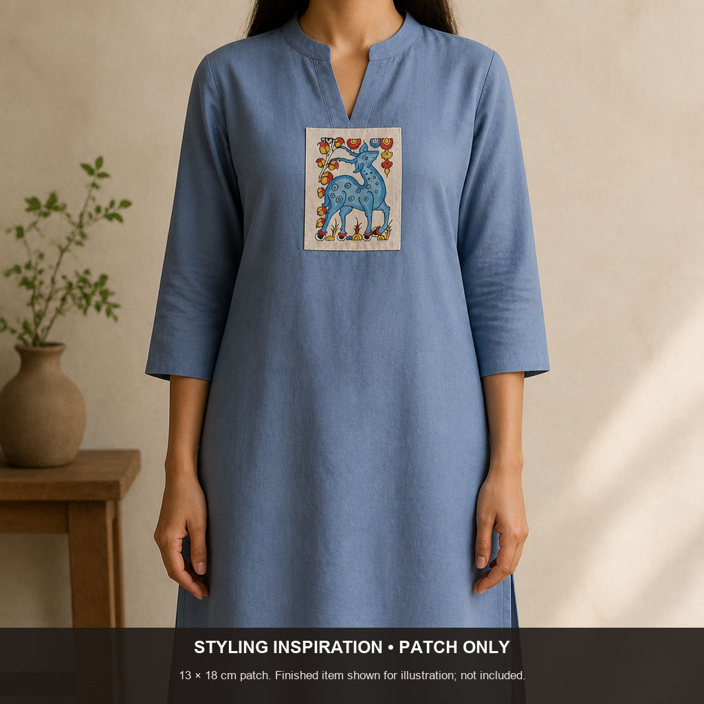 Blue Kalamkari Bangalore Silk fabric piece with figurative design and border