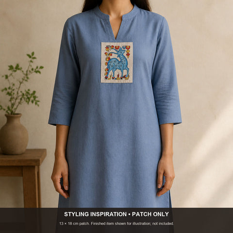 Blue Kalamkari Bangalore Silk fabric piece with figurative design and border