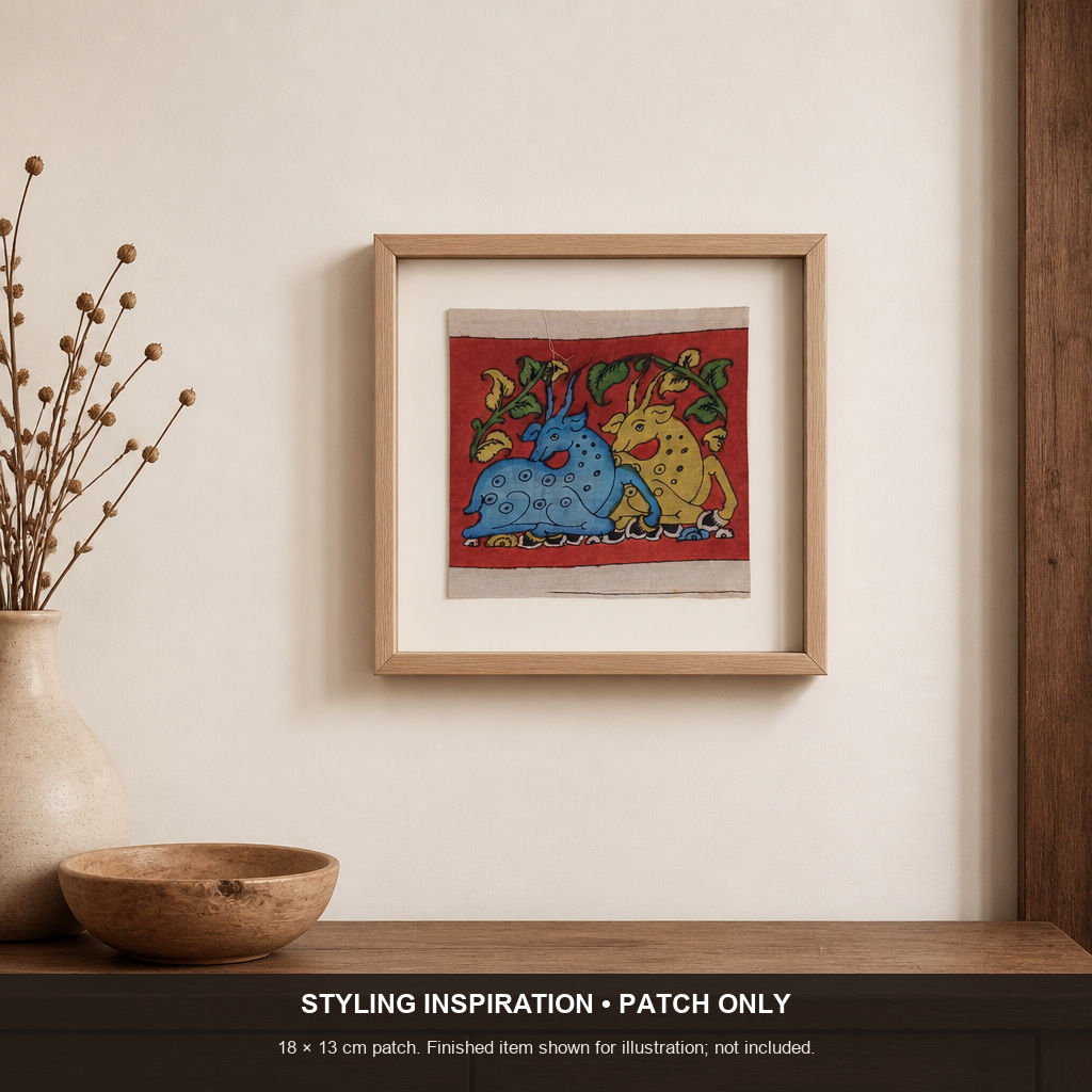 Red Kalamkari Bangalore Silk fabric patch with figurative design and border