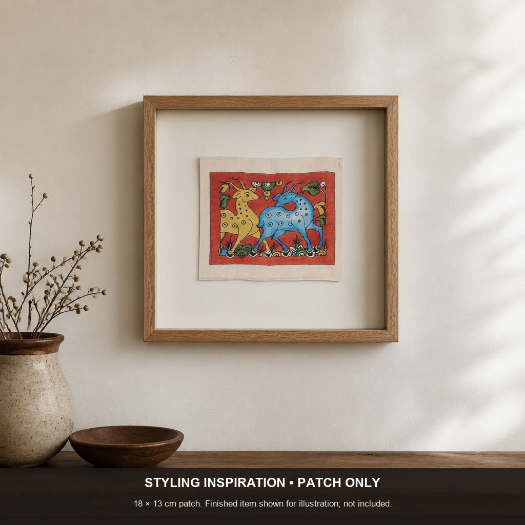 Red Kalamkari Bangalore silk cloth patch pen with figurative pattern and border
