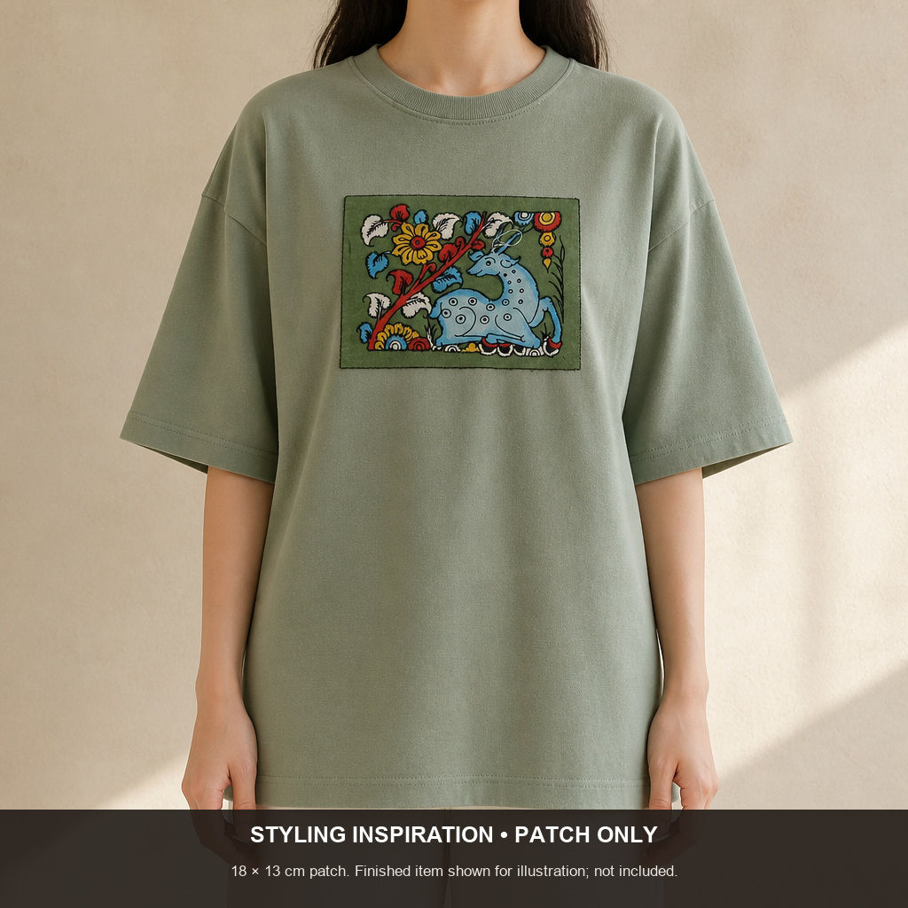 Green Kalamkari silk cloth patch with placement pattern and border