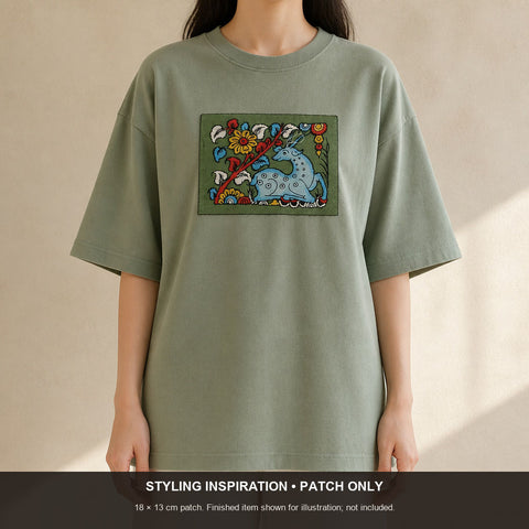 Green Kalamkari silk cloth patch with placement pattern and border