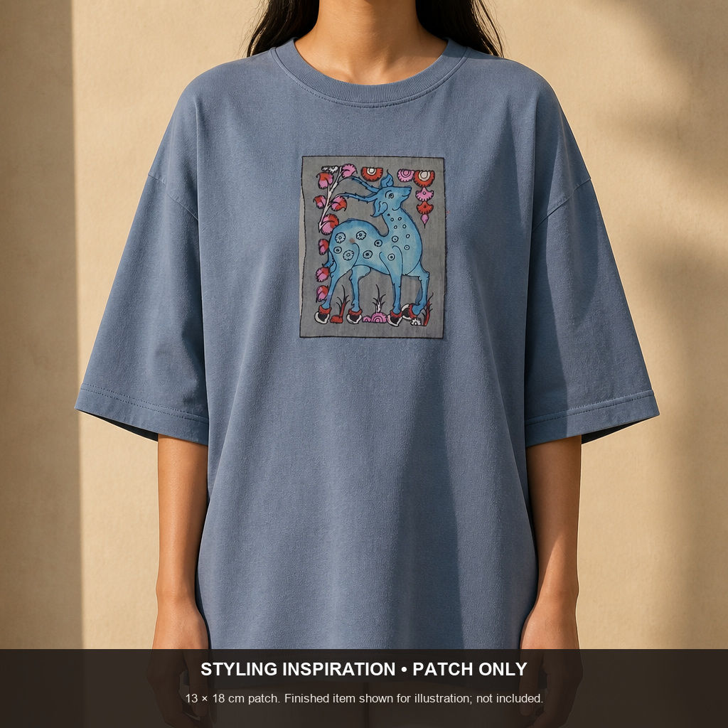 Blue Kalamkari Bangalore silk cloth patch with placement pattern and border