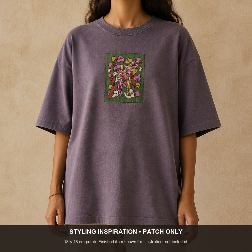 Green Kalamkari Bangalore Silk fabric piece with placement pattern and border