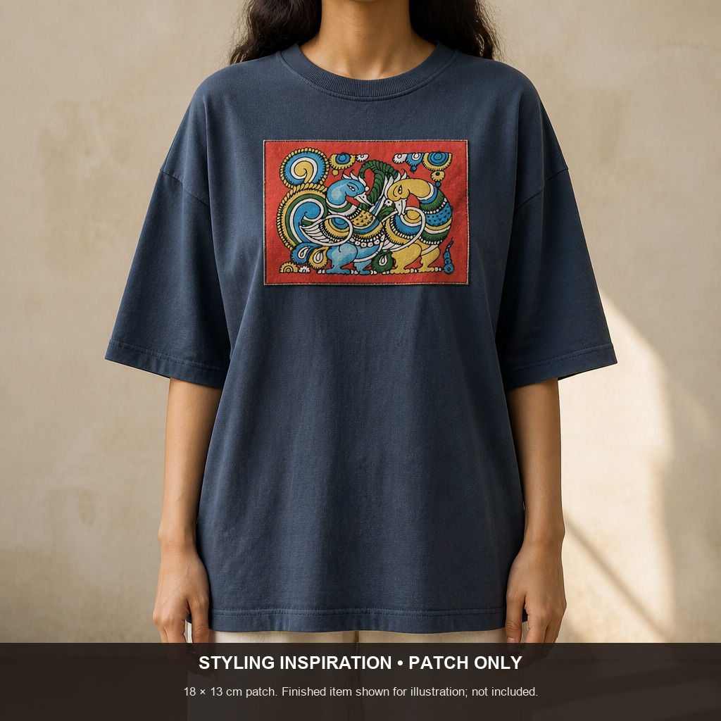 Red Kalamkari Bangalore Silk fabric piece with figurative pattern and border detail