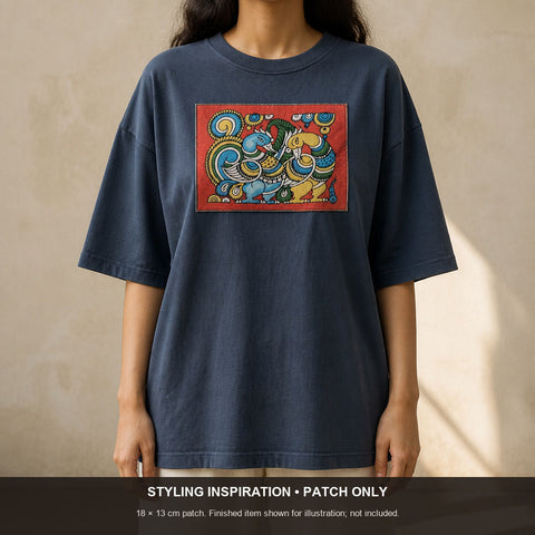 Red Kalamkari Bangalore Silk fabric piece with figurative pattern and border detail
