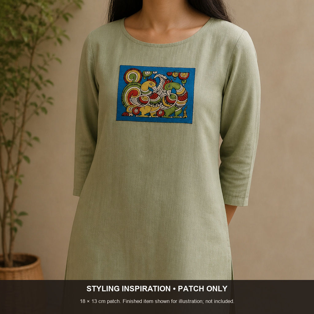 Blue Kalamkari Bangalore silk cloth patch pen with placement pattern and border detail