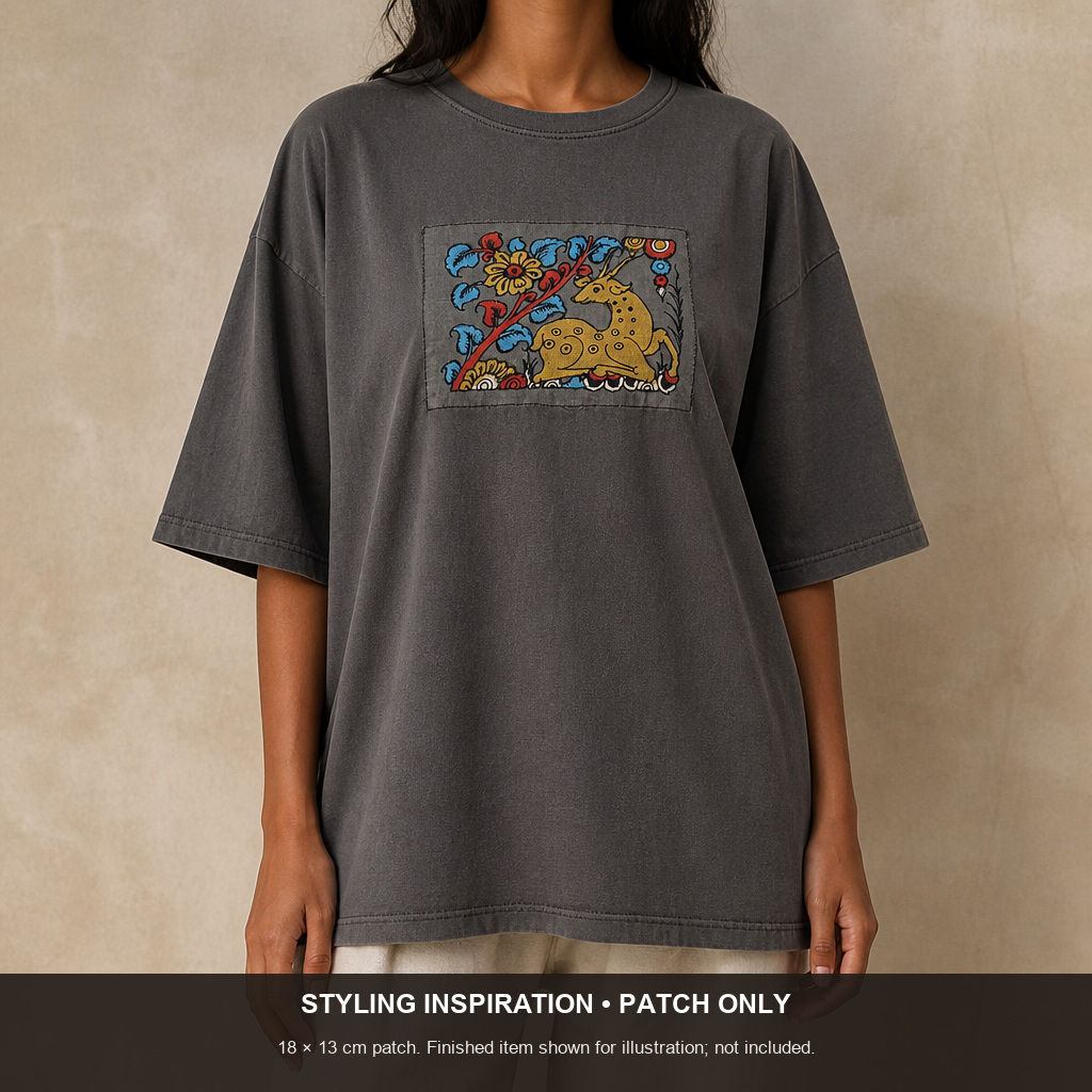 Grey Kalamkari Bangalore Silk cloth patch with figurative pattern and border
