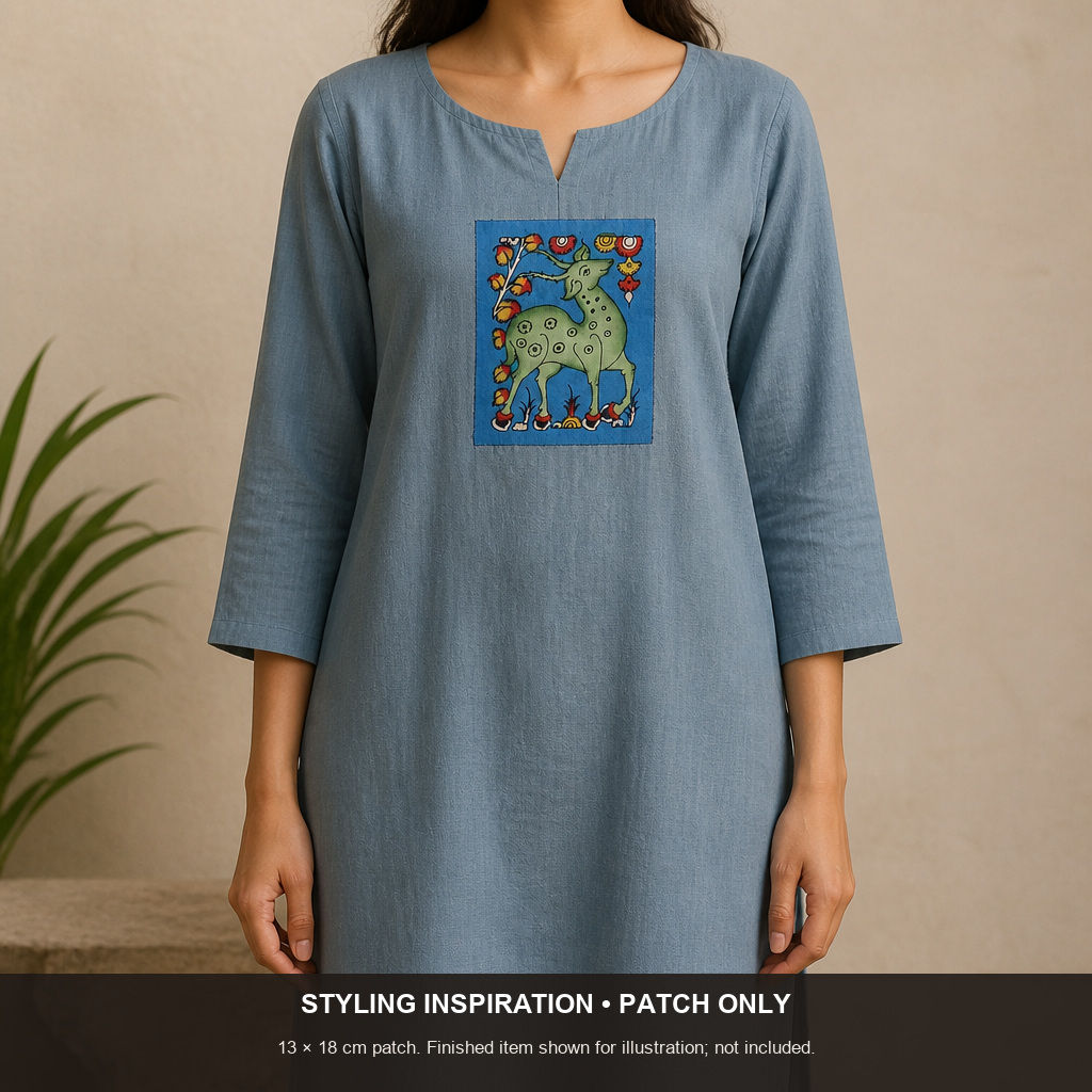 Blue Kalamkari fabric piece with figurative pattern and border