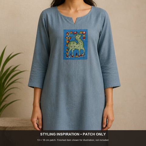 Blue Kalamkari fabric piece with figurative pattern and border