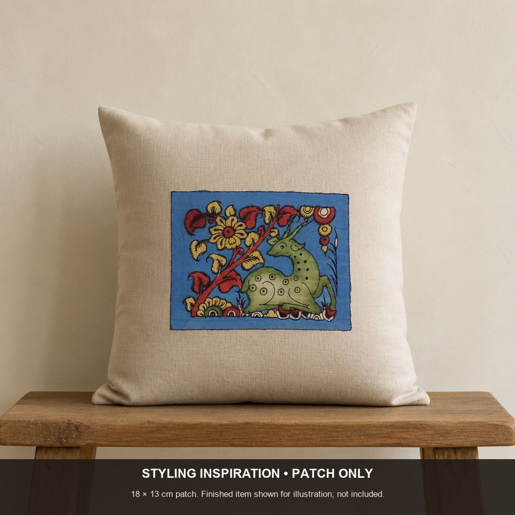 Blue Kalamkari silk cloth patch with placement pattern and border