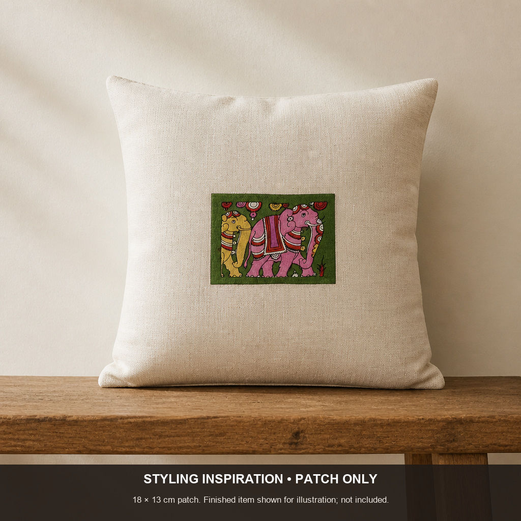 Green Kalamkari silk fabric piece with a figurative figurative design and border