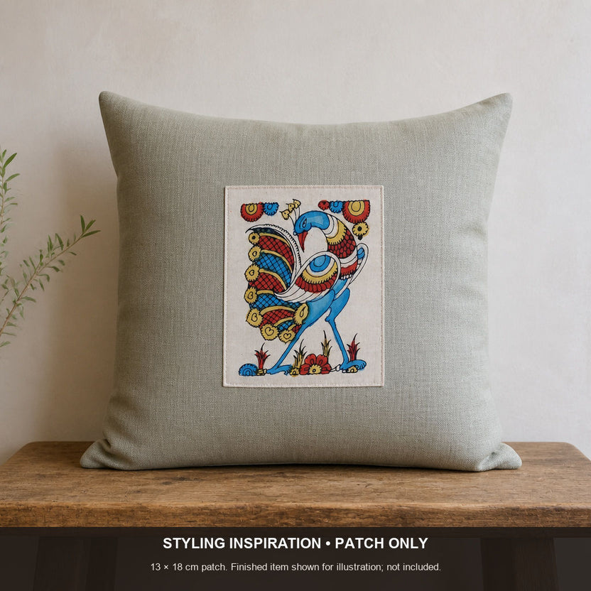 Multicolor Kalamkari Bangalore Silk fabric piece with figurative pattern and border