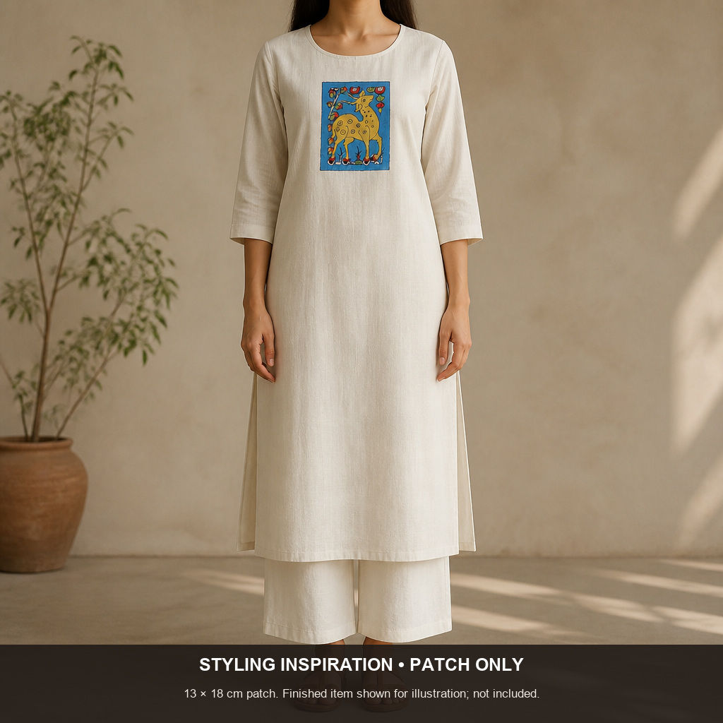 Blue Kalamkari Bangalore silk cloth piece with figurative pattern and border detail
