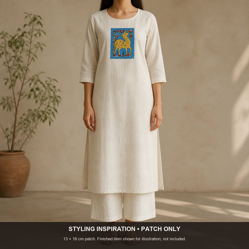 Blue Kalamkari Bangalore silk cloth piece with figurative pattern and border detail