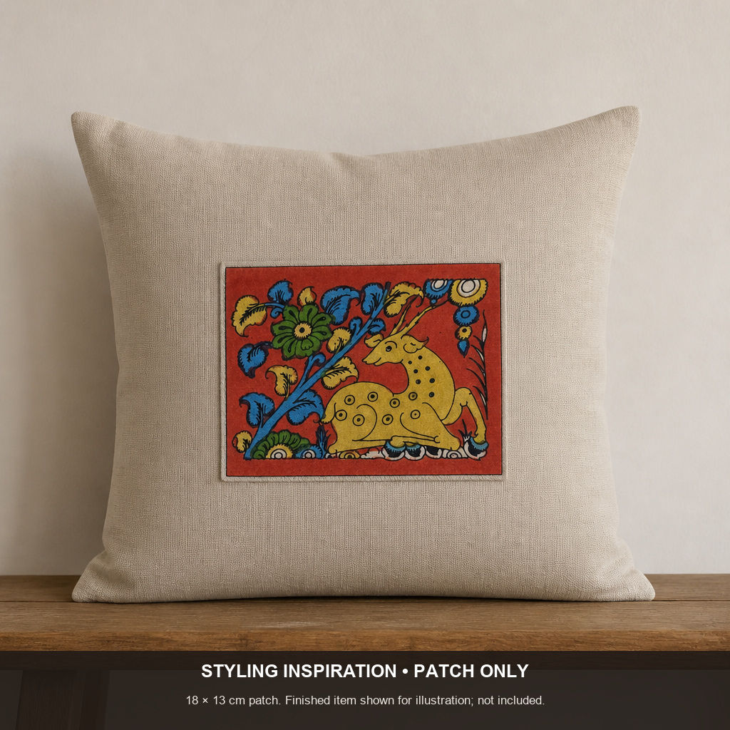 Red Kalamkari Bangalore Silk fabric piece with placement pattern and border
