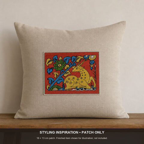 Red Kalamkari Bangalore Silk fabric piece with placement pattern and border
