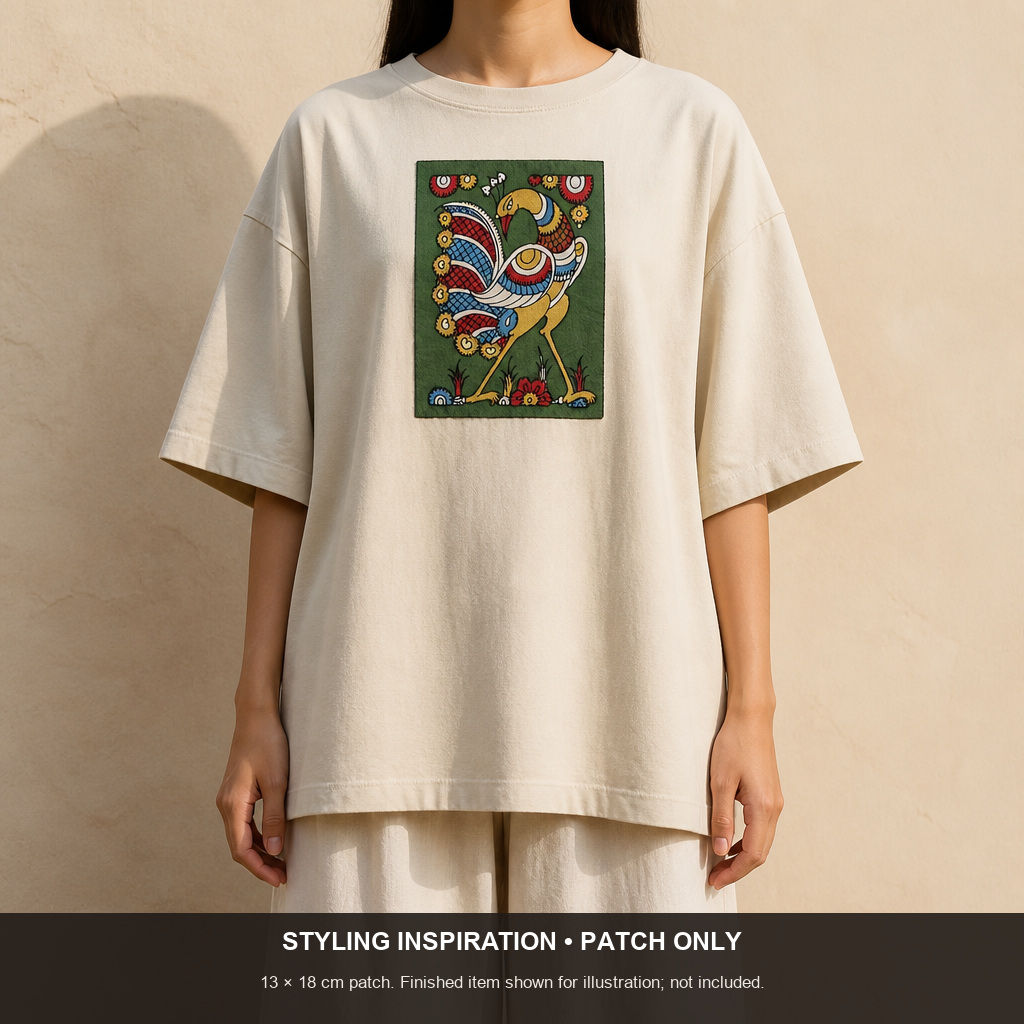 Green Kalamkari Bangalore Silk cloth patch with figurative design and border