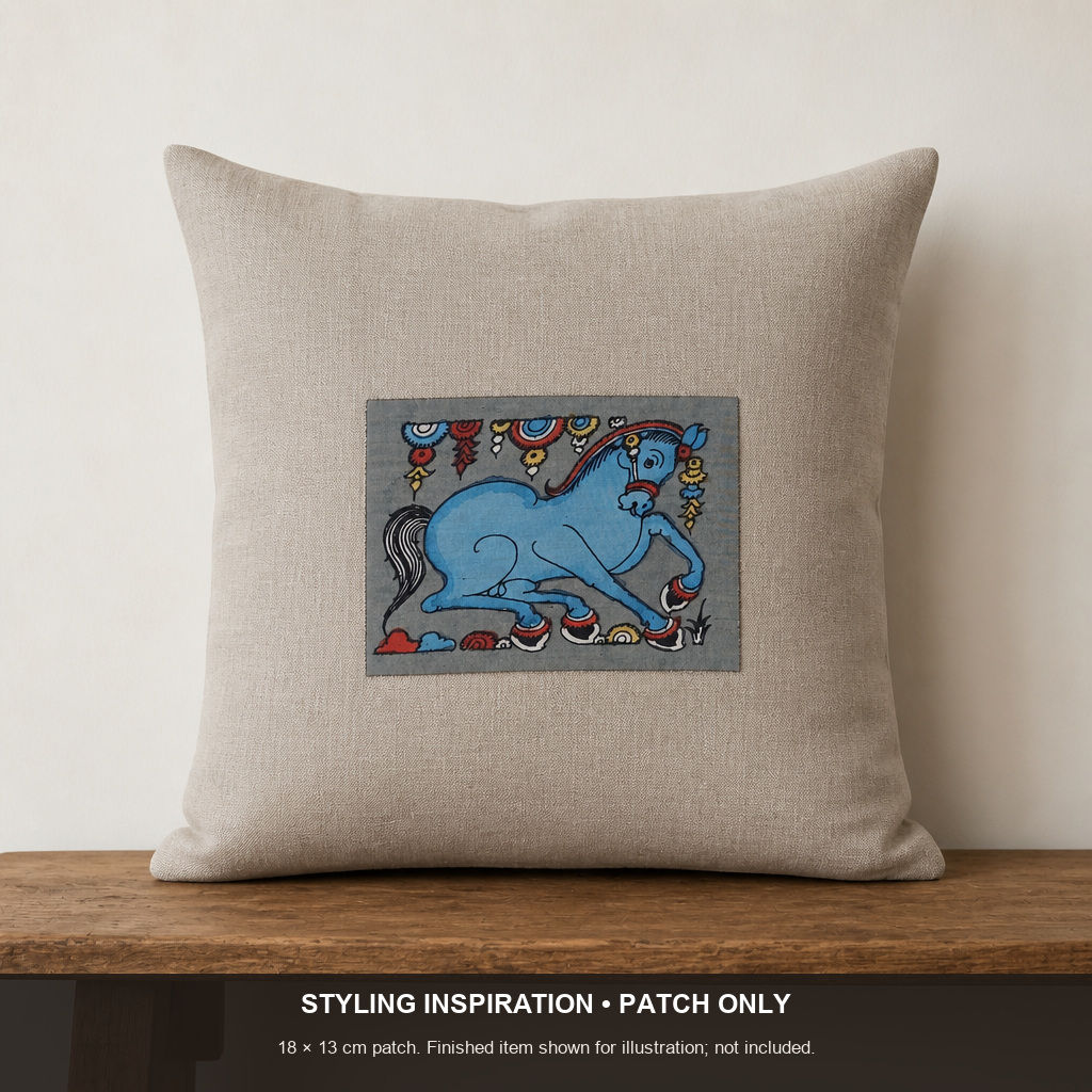 Blue Kalamkari Bangalore Silk fabric piece with a figurative design