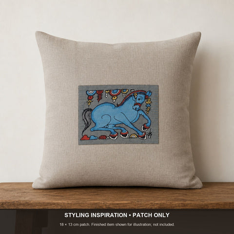 Blue Kalamkari Bangalore Silk fabric piece with a figurative design