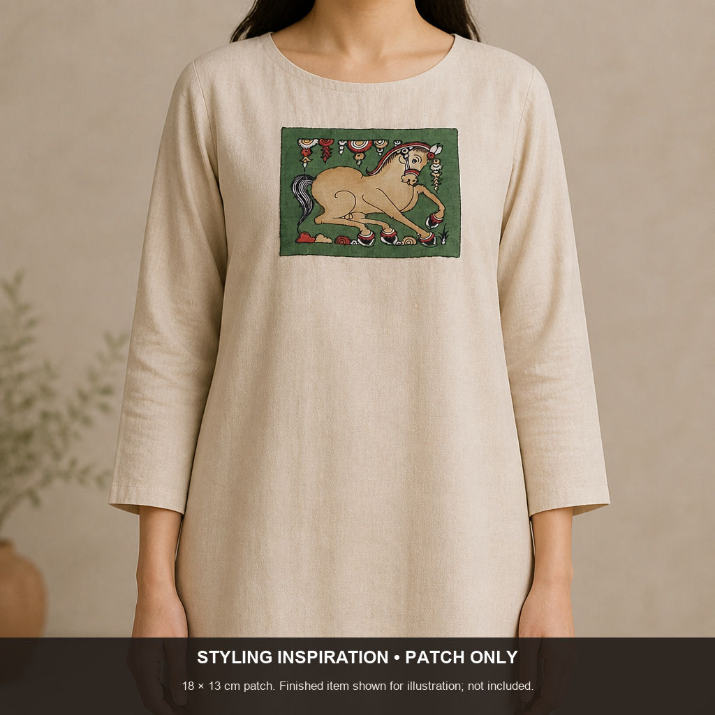 Green Kalamkari Bangalore Silk fabric piece with figurative design and border