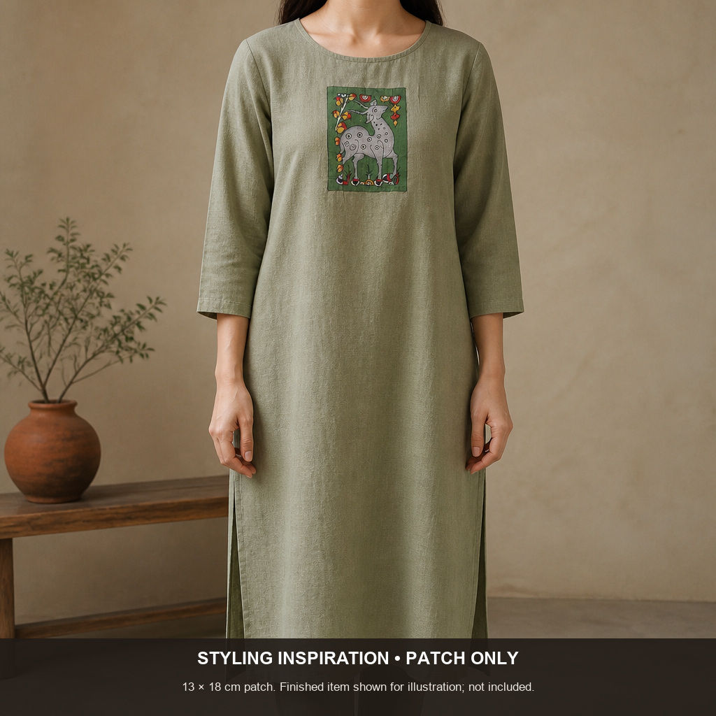 Green Kalamkari Bangalore Silk cloth fabric piece with a placement pattern and border, Design 9048