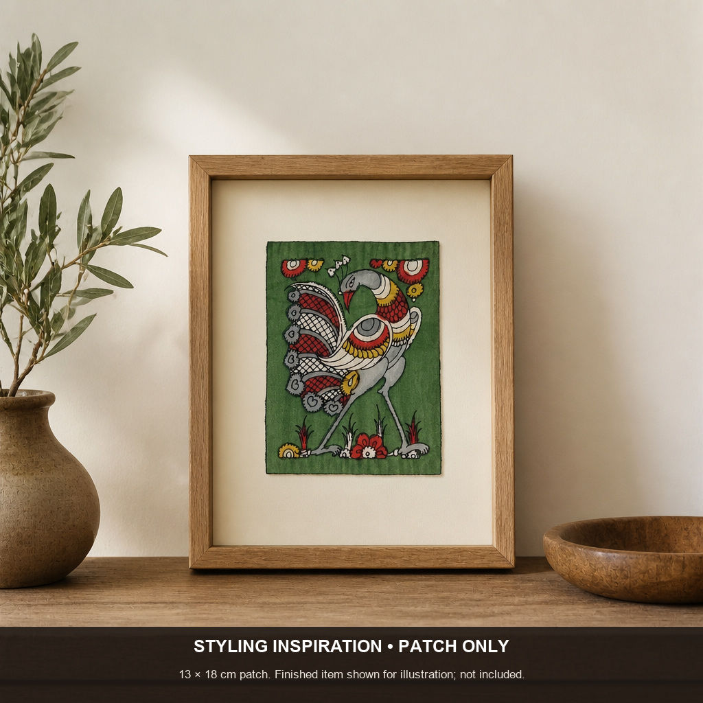 Green Kalamkari Bangalore Silk fabric piece with placement pattern and border