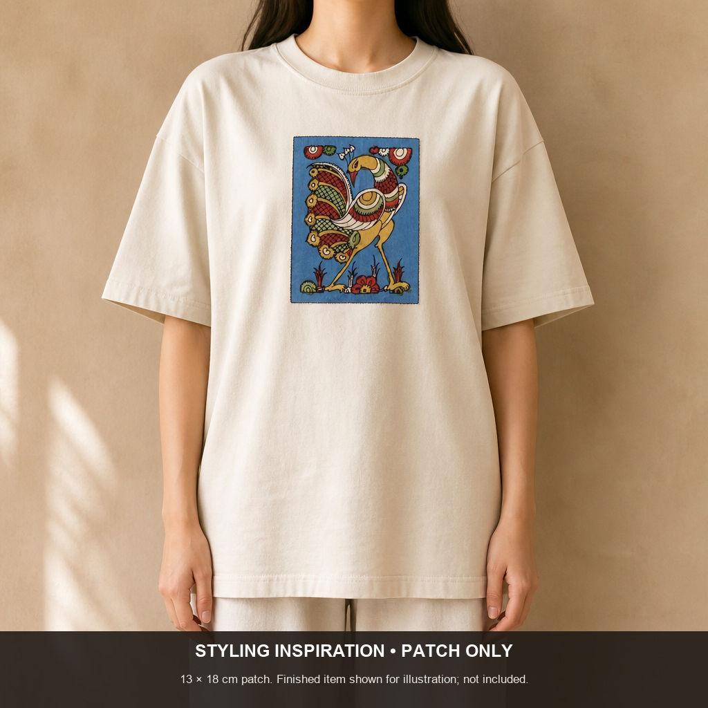 Blue Kalamkari Bangalore Silk fabric piece with placement pattern and border detail