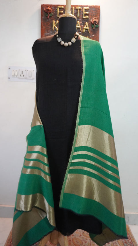 Green fine wool reversible stole with zari and striped detailing